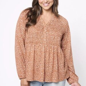 Denim & Co. Canyon Retreat Printed Peasant Long Sleeve Knit Blouse Plus Size 1X